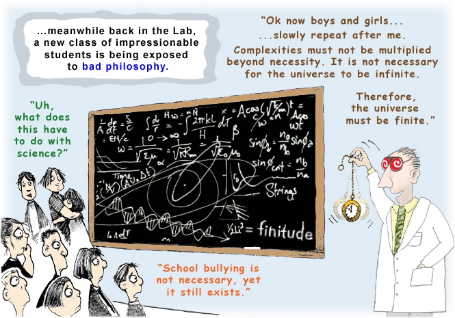 Colour cartoon with a scientist and students discussing the concept of a finite universe.