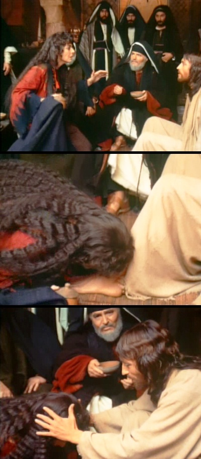 Luke 7 snapshots from the movie Jesus of Nazareth. Sinful woman kissing the feet of Jesus