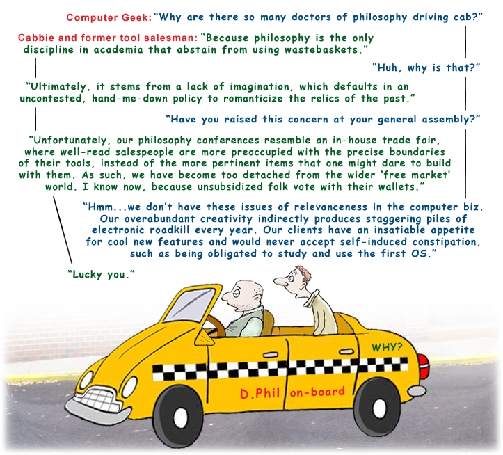 Colour cartoon with a cabbie and computer geek discussing the relevanceness of academia.
