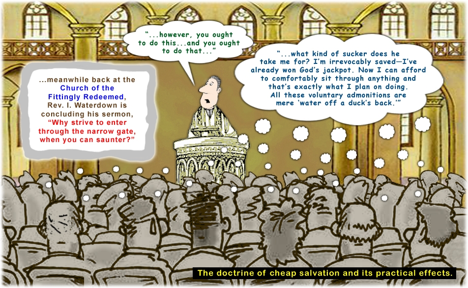 Colour cartoon with a preacher demonstrating lukewarm Christianity.