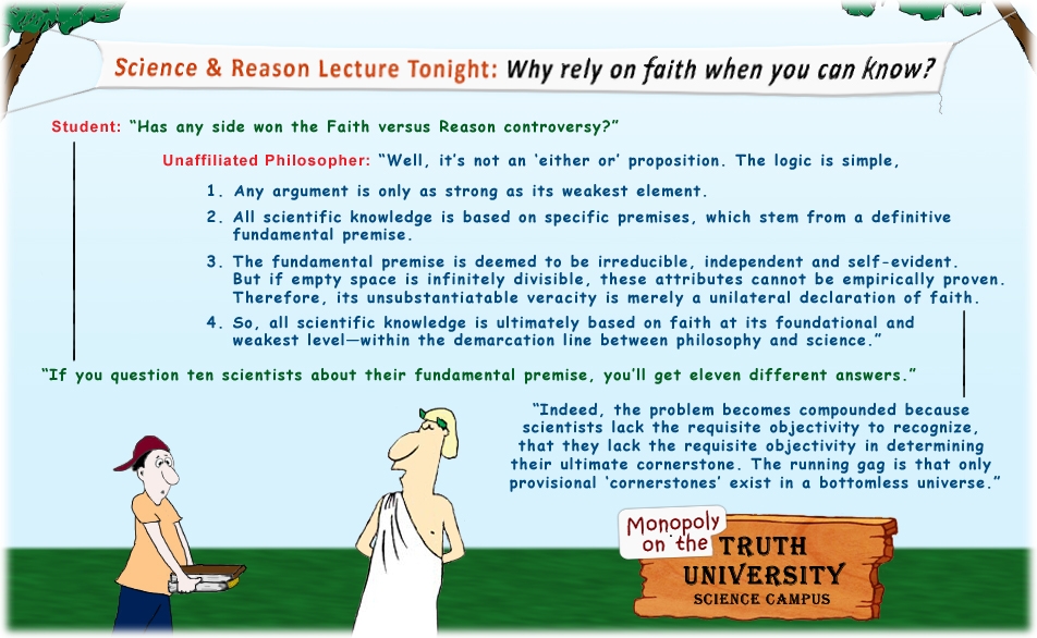 Colour cartoon with a philosopher and student discussing the faith versus reason controversy and the fundamental premise of knowledge.