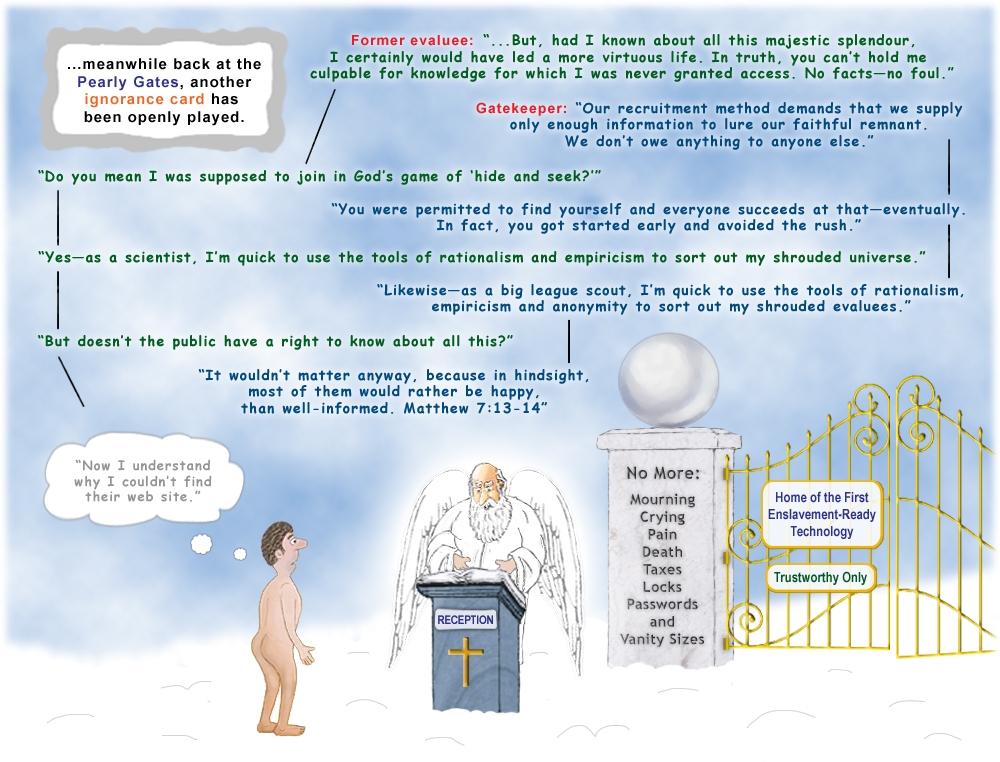 Colour cartoon about playing the ignorance card at the Pearly Gates.