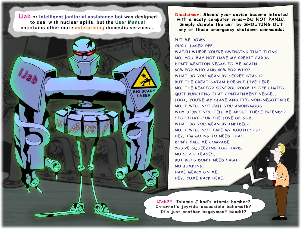 Colour cartoon about an iJab robot's disclaimer page regarding nasty computer viruses.