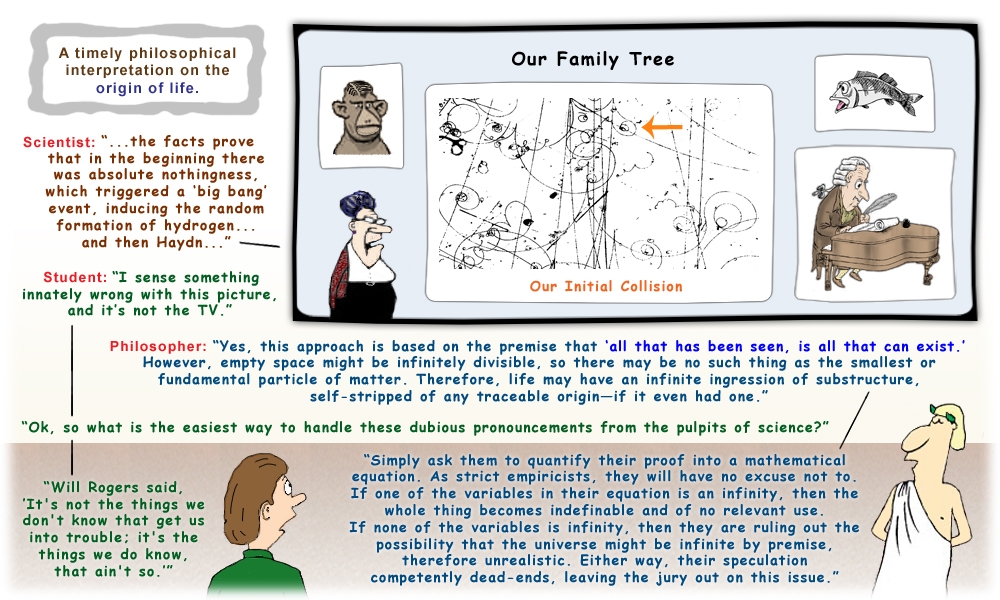 Colour cartoon with a philosopher and student discussing the origin of life.