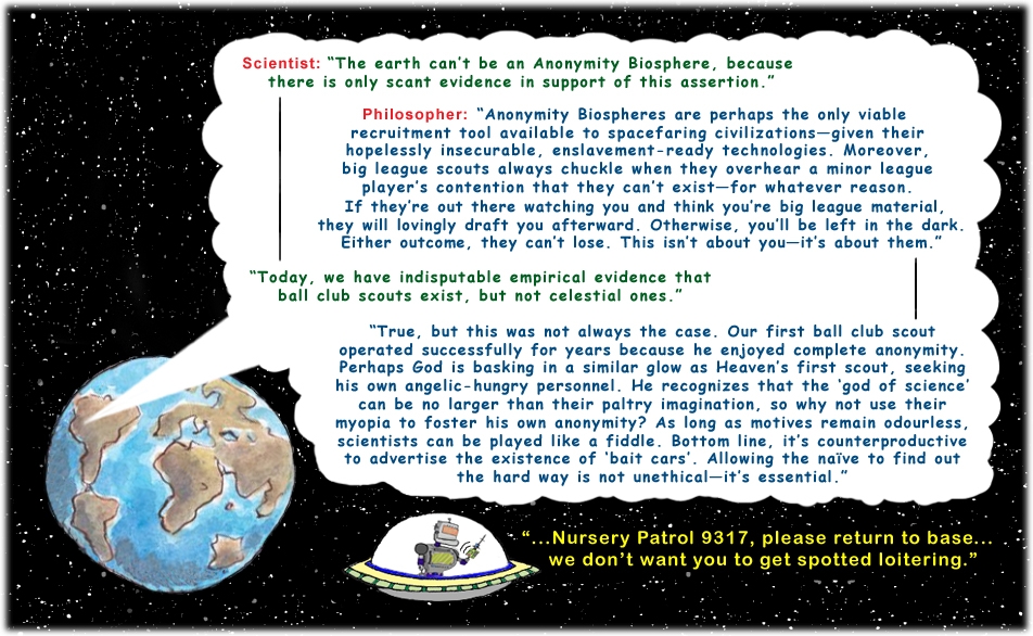 Colour cartoon with a philosopher and scientist discussing the earth as a possible Anonymity Biosphere with deeper detail.