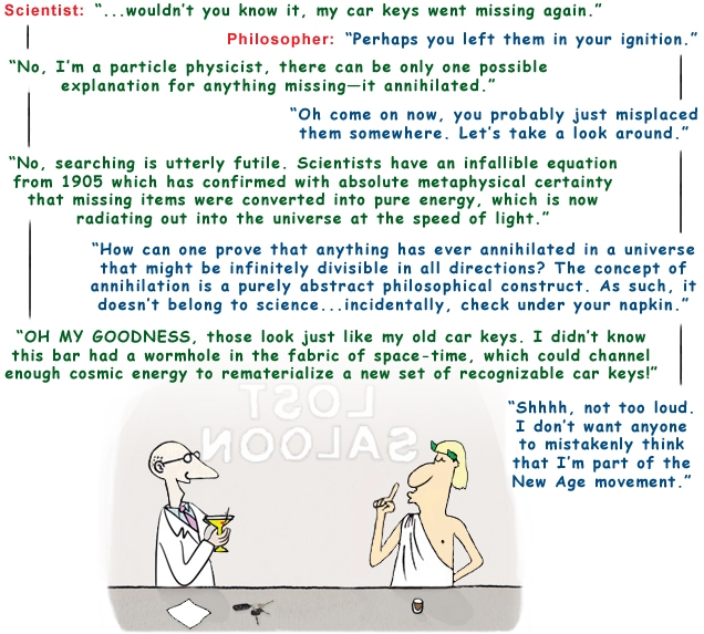 Colour cartoon with a scientist and philosopher discussing the annihilation of matter and special relativity in a bar.