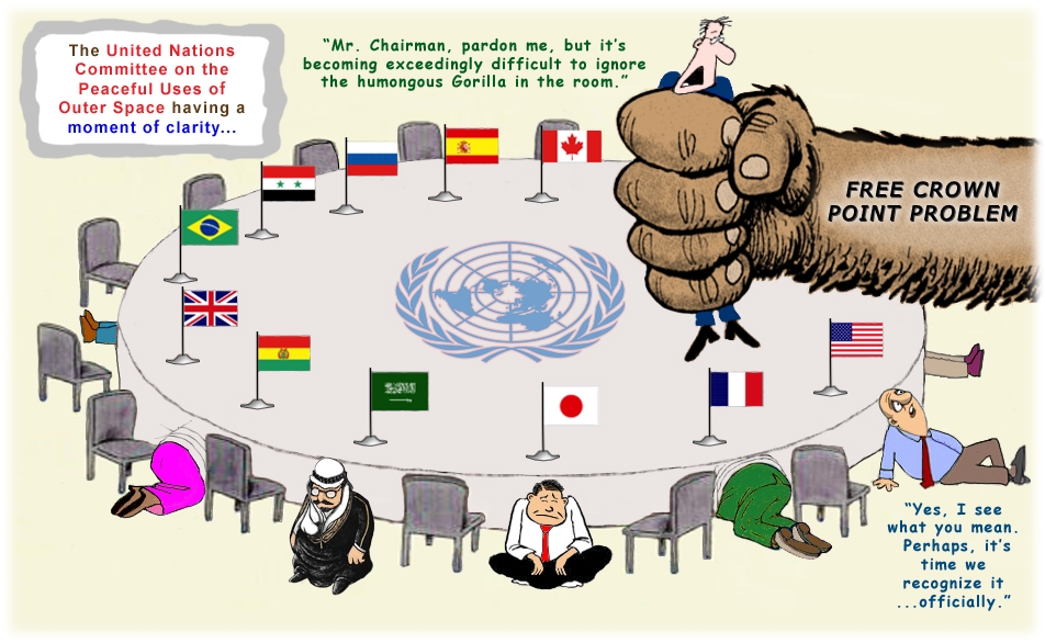 Colour cartoon of the United Nations Committee on the Peaceful uses of Outer Space or COPUOS.