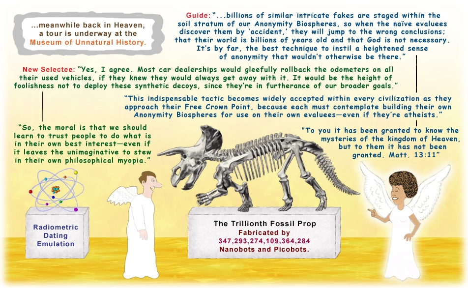 Colour cartoon with a guide and new selectee in Heaven, discussing the use of fossil props inside Anonymity Biospheres.