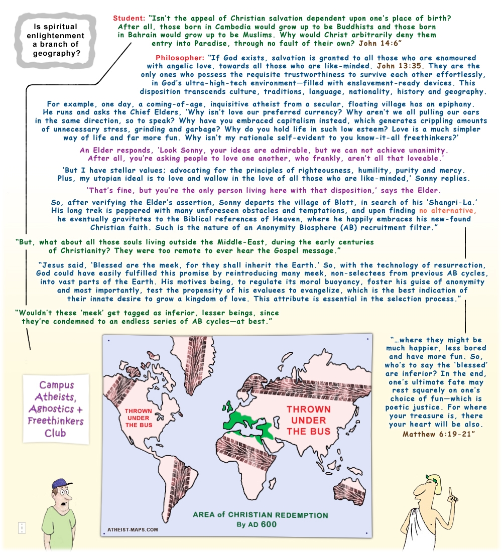 Colour cartoon on the errors of being an atheist by geography.