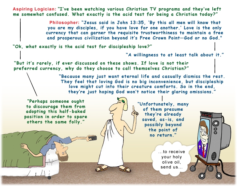 Colour cartoon with a philosopher and student discussing Christianity and the Free Crown Point.