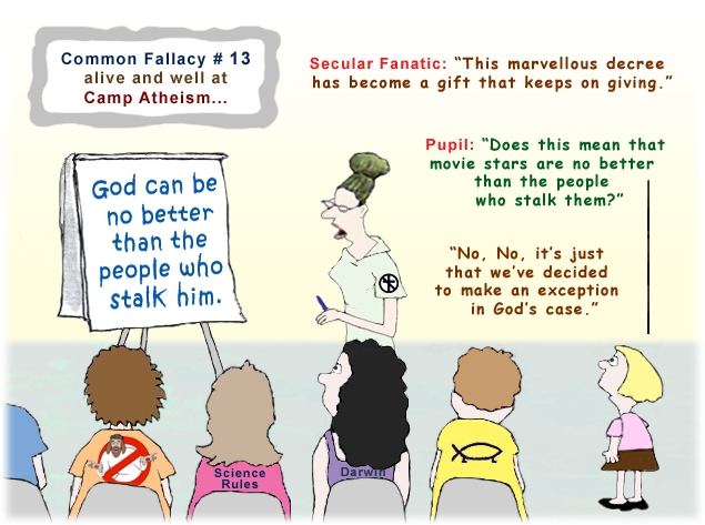 Colour cartoon about fallacy number 13 at camp atheism.